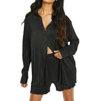 Women 2 Piece Pleated Pants Set Long Sleeve Button Down Shirt Blouse Top Wide Leg Pants Outfits Y2K Fashion Streetwear