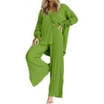 thumbnail image 1 of Women 2 Piece Pleated Set Long Sleeve Button Shirt Wide Leg Pants Outfits Solid Color Casual Loose Sleepwear Sets (Green M), 1 of 6
