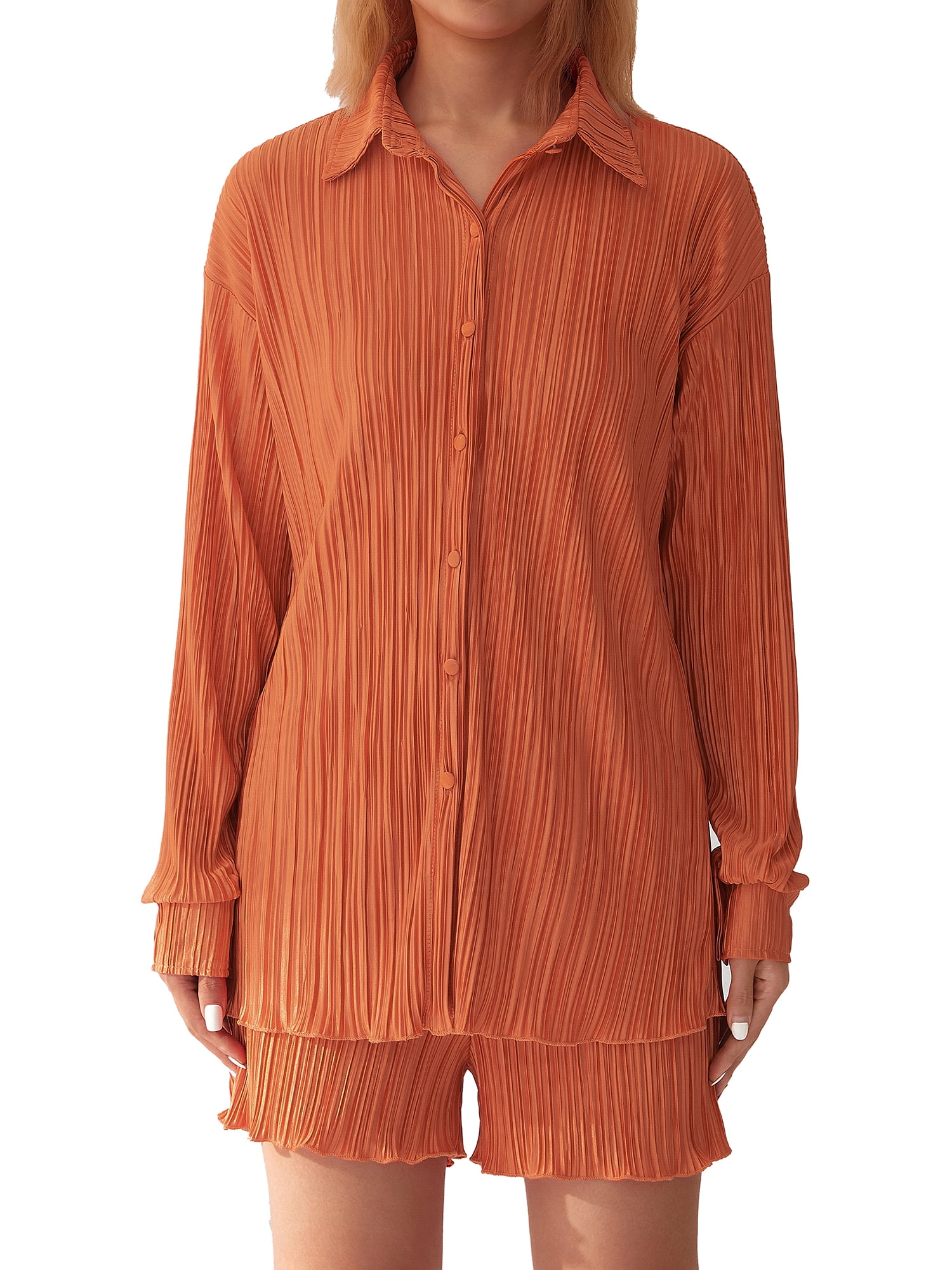 Women 2 Piece Pleated Shorts Set Long Sleeve Button Blouse Shirt Casual
