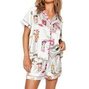 FIACAFYO Women 2 Piece Preppy Silk Pajama Sets Loungewear Y2k Short Sleeve Tennis Racquet Bow Printed Top Pjs Shorts Set