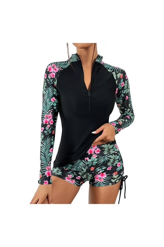 Women 2 Piece Rash Guard Long Sleeve Zipper Bathing Suit with Bottom Shorts Built in Bra Swimsuit UPF 50+ Surf Wear