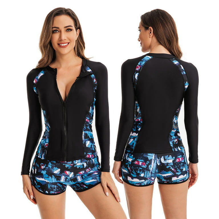2 Piece Women Rash Guard Swimsuit Long Sleeve Bathing Suit Swim Shirt Top  Built in Bra with Shorts Rashguard UPF 50 