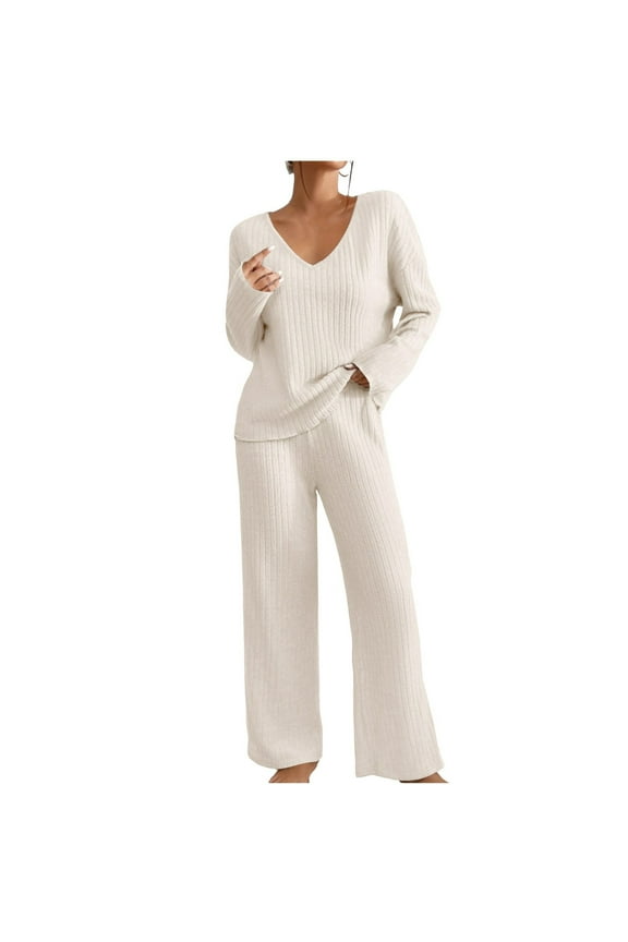 Women 2 Piece Ribbed Knit Set Long Sleeve V Neck Pullover Sweater Top Wide Leg and Wide Leg Pants Sweatsuit Outfits