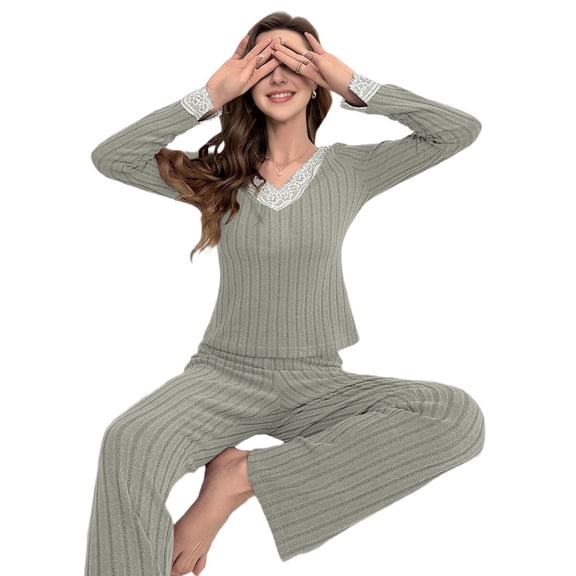 Women 2 Piece Ribbed Sets, Lace Trim Loose V Neck Long Sleeve Tops Straight Pants Sweatsuit Outfits Flower Ash Green M