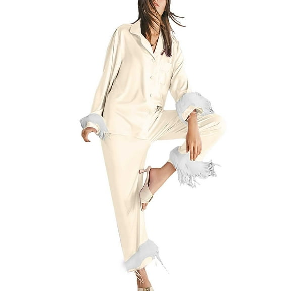 Women 2 Piece Satin Feather Pajama Set Long Sleeve Tops Elastic Waist Pants Sleepwear Outfit