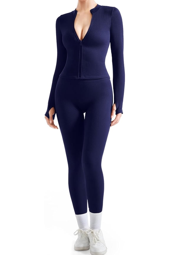 Women 2 Piece Seamless Ribbed Workout Sets With Zip Up Jacket High Waisted Gym Yoga Leggings