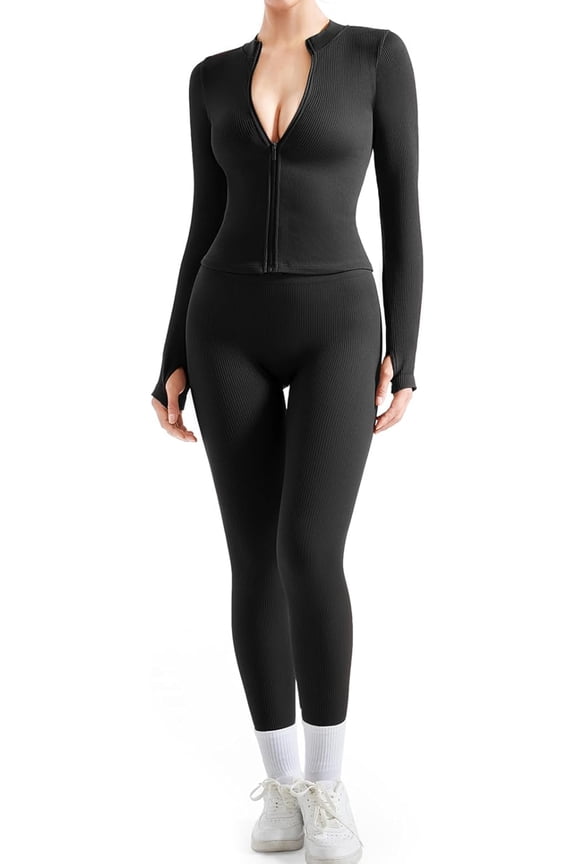 Women 2 Piece Seamless Ribbed Workout Sets With Zip Up Jacket High Waisted Gym Yoga Leggings