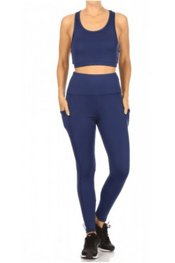 Women 2-Piece Set Crop Tops & High Rise Tummy Control Sports Leggings With Side Pockets