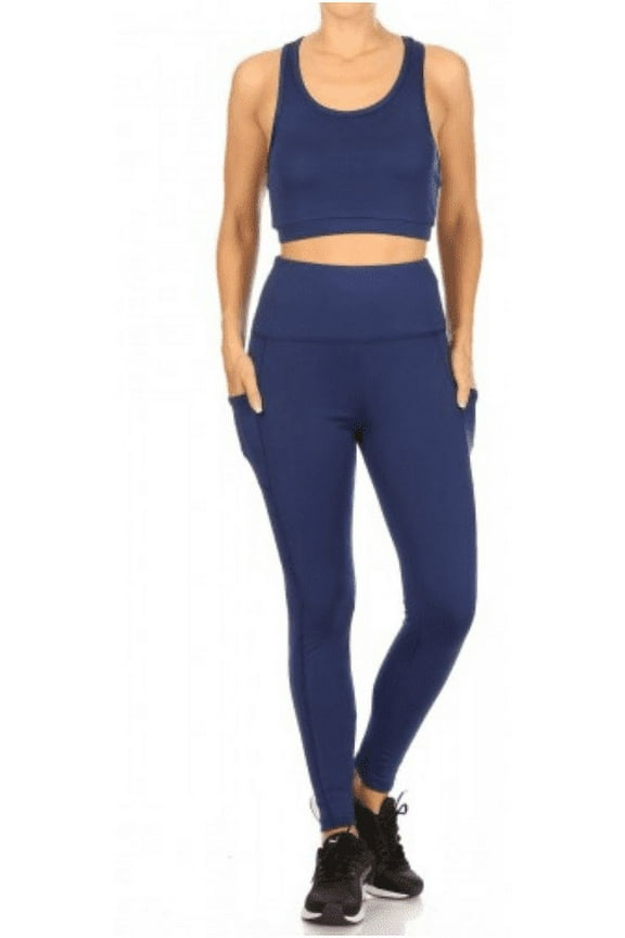 Women 2-Piece Set Crop Tops & High Rise Tummy Control Sports Leggings With Side Pockets