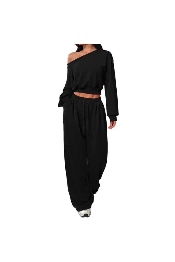 Women 2 Piece Set Oversized Pullover Sweatshirt and Sweatpant Solid Color Crewneck Sweatsuits Fall Casual Loose Tracksuit (Black L）