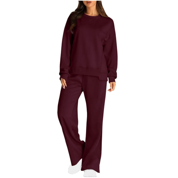 Women 2 Piece Set Trendy Solid Color Round Neck Long Sleeved Shirt And Elastic Waist Pocket Wide Leg Split Pants Lounge Sets Wine XXL