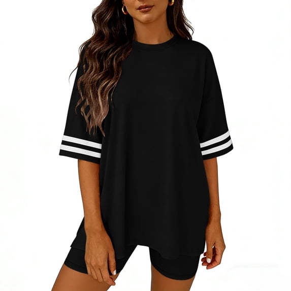 Women 2 Piece Sets Casual Short Sleeve Summer Shirts Elastic Waist Fashion Biker Shorts Loose Lightweight Comfy Breathable Tracksuit