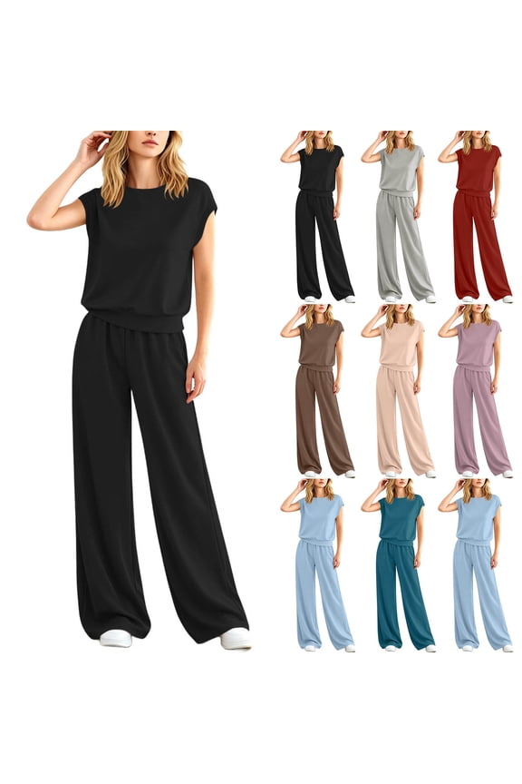 Women 2 Piece Sets Outfit Summer Lounge Sets Short Sleeve Crewneck Cropped Tops Elastic Waist Wide Legs Pants Tracksuit with Pockets