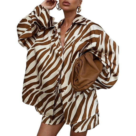Women 2 Piece Short Sets Print Vacation Outfits Tops Resort Brown S