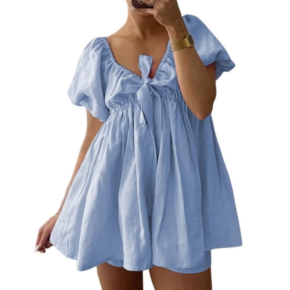 Women 2 Piece Short Sets Puff Short Sleeve V Neck Tie Front Tops Wide Leg Shorts Sets Blue S