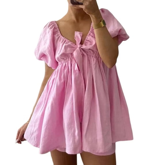 Women 2 Piece Short Sets Puff Short Sleeve V Neck Tie Front Tops Wide Leg Shorts Sets Pink L