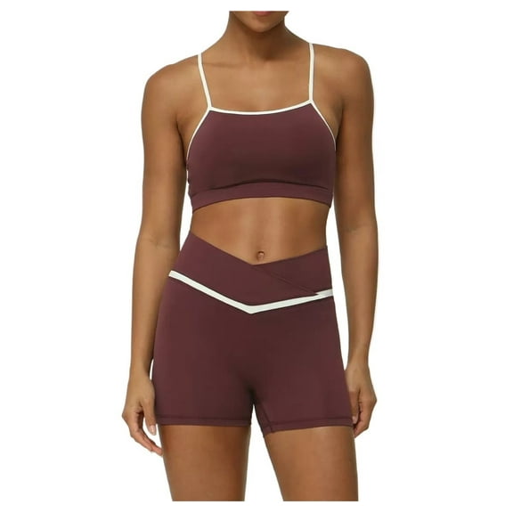 Women 2 Piece Short  Workout Yoga Sets, Contrast Color Yoga Bra Tops High Waisted Seamless Leggings Sports Casual Fitness Suit Set