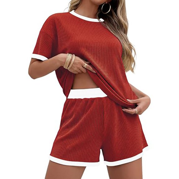 Women 2 Piece Shorts Set Casual Summer Cruise Outfits Ribbed Loose Short Sleeve Pocket Matching Lounge Sets Red L