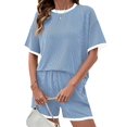 thumbnail image 1 of Women 2 Piece Shorts Set Casual Summer Outfits Ribbed Loose Short Sleeve Matching Lounge Sets Light Blue L, 1 of 8