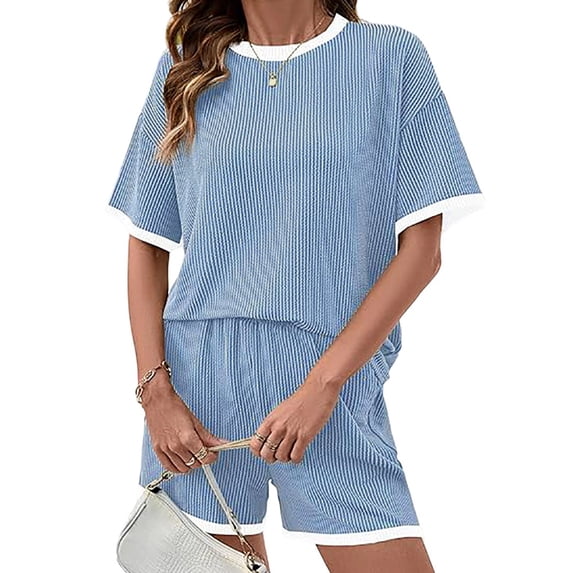Women 2 Piece Shorts Set Casual Summer Outfits Ribbed Loose Short Sleeve Matching Lounge Sets Light Blue L