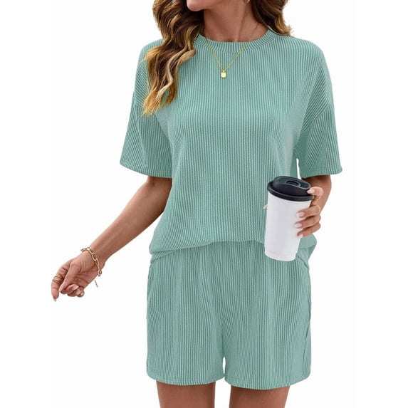 Women 2 Piece Shorts Set Casual Summer Outfits Ribbed Loose Short Sleeve Matching Lounge Sets Light Green XXL