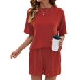 thumbnail image 1 of Women 2 Piece Shorts Set Casual Summer Outfits Ribbed Loose Short Sleeve Matching Lounge Sets Orange-Red S, 1 of 8