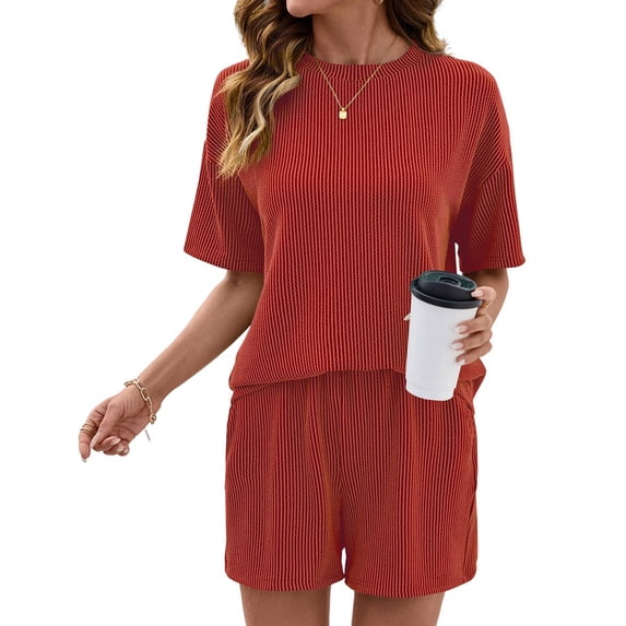 Women 2 Piece Shorts Set Casual Summer Outfits Ribbed Loose Short Sleeve Matching Lounge Sets Orange-Red S