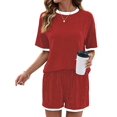 thumbnail image 1 of Women 2 Piece Shorts Set Casual Summer Outfits Ribbed Loose Short Sleeve Matching Lounge Sets Red XXL, 1 of 8