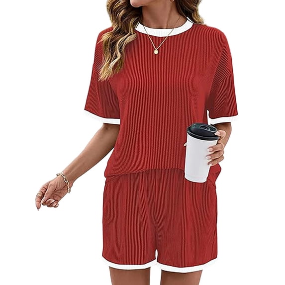 Women 2 Piece Shorts Set Casual Summer Outfits Ribbed Loose Short Sleeve Matching Lounge Sets Red XXL