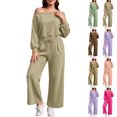thumbnail image 1 of Women 2 Piece Off Shoulder Sweatshirt Sets, Long Sleeve Loose Top,Drawstring High Waist Wide Leg Pant with Pockets,Solid Color Casual Loungewear Tracksuit for Spring Fall, 1 of 6