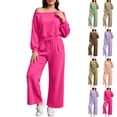 thumbnail image 1 of Women 2 Piece Off Shoulder Sweatshirt Sets, Long Sleeve Loose Top,Drawstring High Waist Wide Leg Pant with Pockets,Solid Color Casual Loungewear Tracksuit for Spring Fall, 1 of 6
