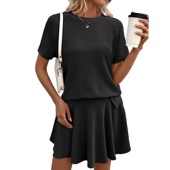 Women 2 Piece Skirt Set Summer Cruise Outfits Ribbed Loose Short Sleeve Matching Lounge Sets Dark Gray L