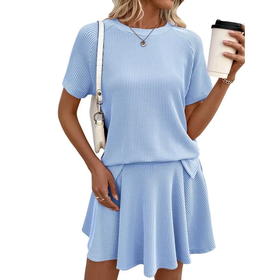 Women 2 Piece Skirt Set Summer Cruise Outfits Ribbed Loose Short Sleeve Matching Lounge Sets L