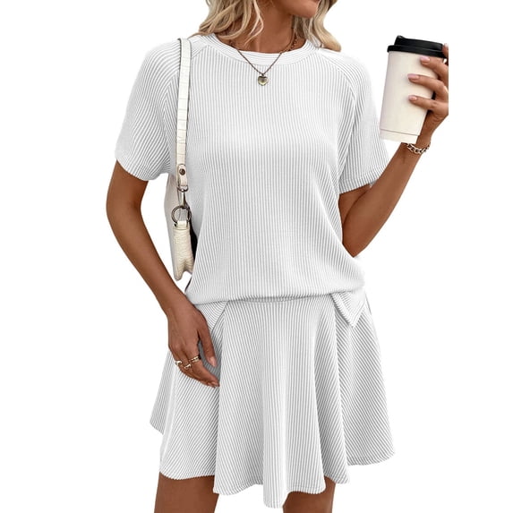 Women 2 Piece Skirt Set Summer Cruise Outfits Ribbed Loose Short Sleeve Matching Lounge Sets White L