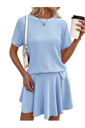 Women 2 Piece Skirt Set Summer Cruise Outfits Ribbed Loose Short Sleeve Matching Lounge Sets XL