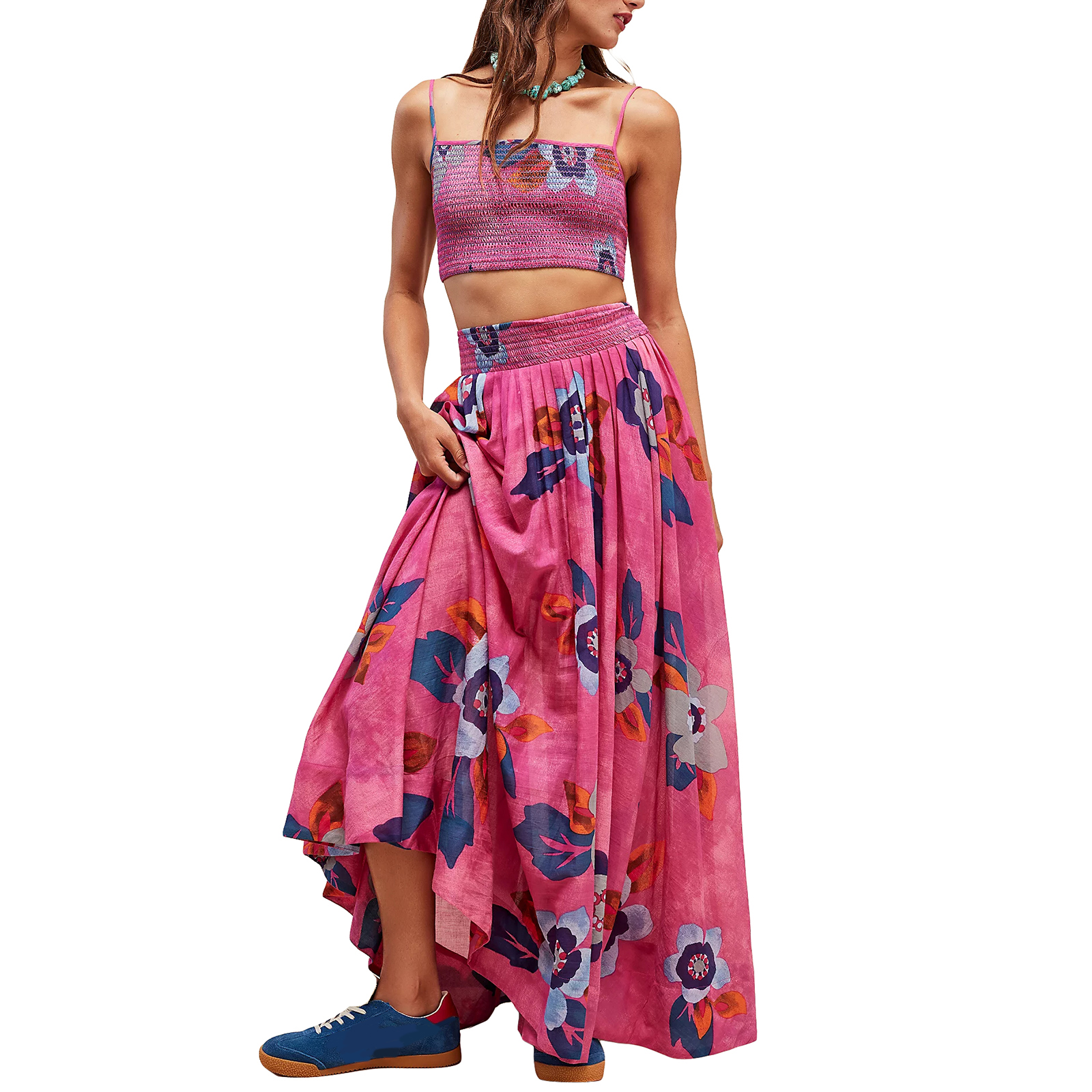 Summer Flower White Top & Pink Skirt Two Piece Set
