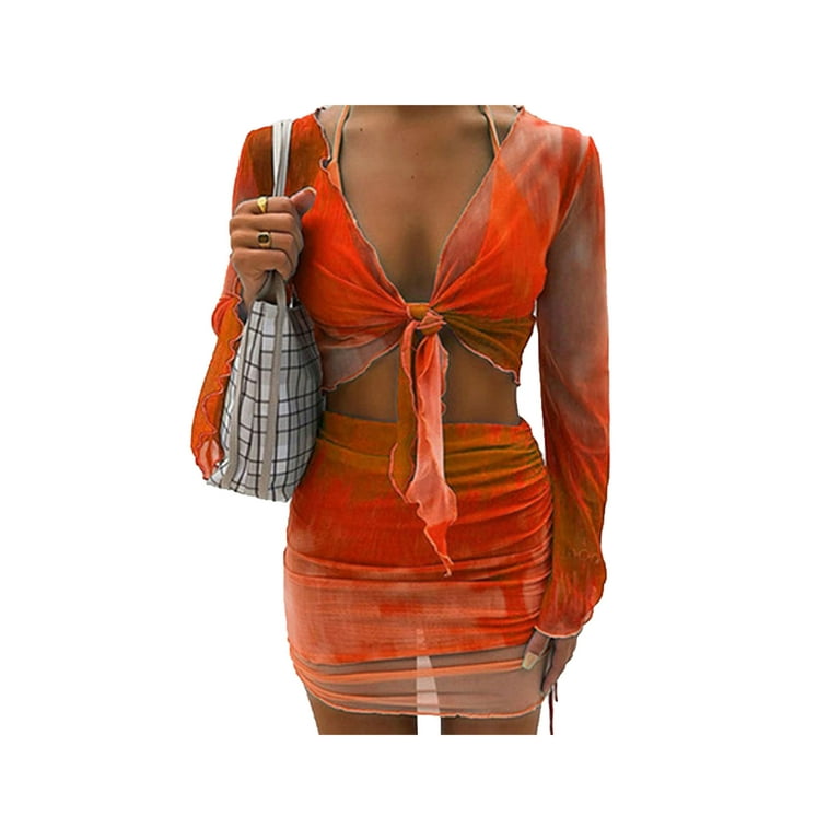 Women 2 Piece Skirt Set Tie Dye Outfits Long Sleeve Sheer Mesh