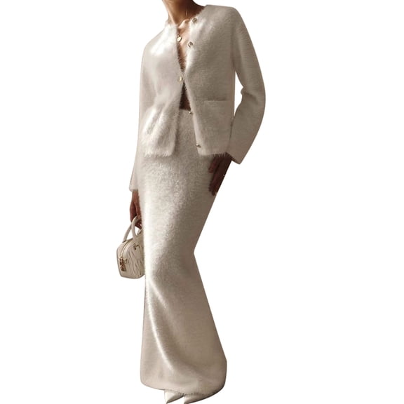 Women 2 Piece Skirt Sets Long Sleeve Button-Up Outerwear with Maxi Skirt Vacation Outfits Milky White L