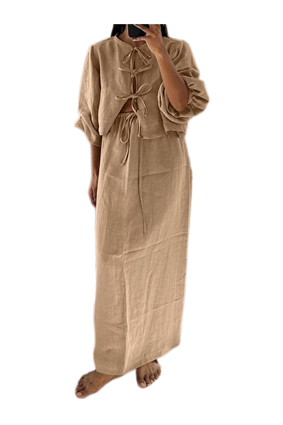 Women 2 Piece Skirt Sets Oversized Long Sleeve Top and Maxi Skirts Travel Vacation Set Khaki L