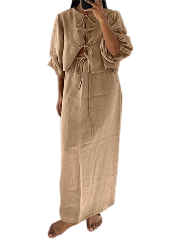 Women 2 Piece Skirt Sets Oversized Long Sleeve Top and Maxi Skirts Travel Vacation Set Khaki S