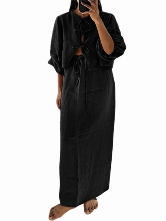 Women 2 Piece Skirt Sets Oversized Long Sleeve Top and Maxi Skirts Travel Vacation Set