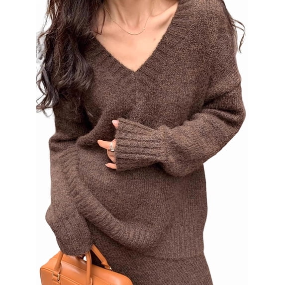 Women 2 Piece Skirts Sets Fashion Sweater Midi Dress Knit Lounge Travel Outfits Brown One size