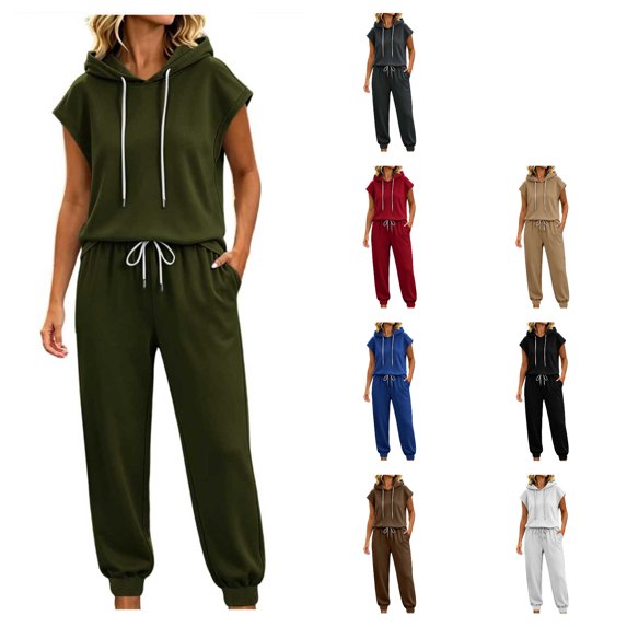 Women 2 Piece Sleeveless Hoodie Jogger Set, Casual Soft Tracksuit With Pockets(Army Green L)