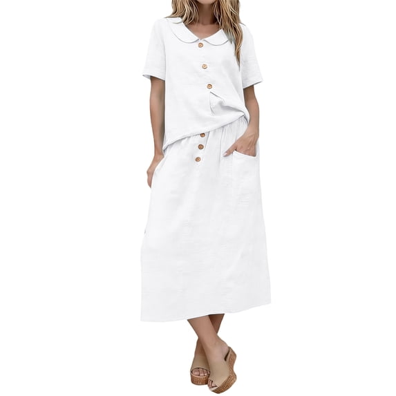 Women 2 Piece Solid Casual Matching Skirt Set, Crew Neck Short Sleeve Side Twist Ruched Top High Waist Straight Midi Skirt Lightweight Summer Daily Vacation Tracksuit White XXL(XXL)
