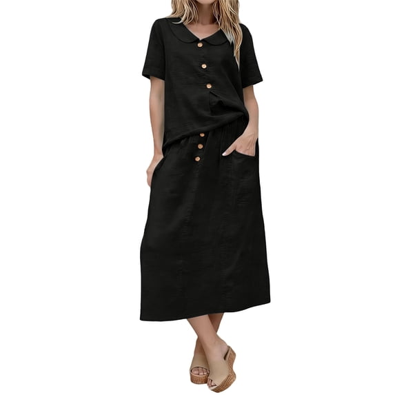 Women 2 Piece Solid Casual Matching Skirt Set, Crew Neck Short Sleeve Side Twist Ruched Top High Waist Straight Midi Skirt Lightweight Summer Daily Vacation Tracksuit Black M(M)