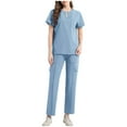 thumbnail image 1 of Women 2 Piece Solid Scrubs Set Loose Drawstring Pants Pocket Caregiver Short Sleeve V-Neck Blouses Nursing Uniform Set, 1 of 4