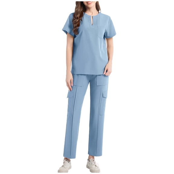 Women 2 Piece Solid Scrubs Set Loose Drawstring Pants Pocket Caregiver Short Sleeve V-Neck Blouses Nursing Uniform Set
