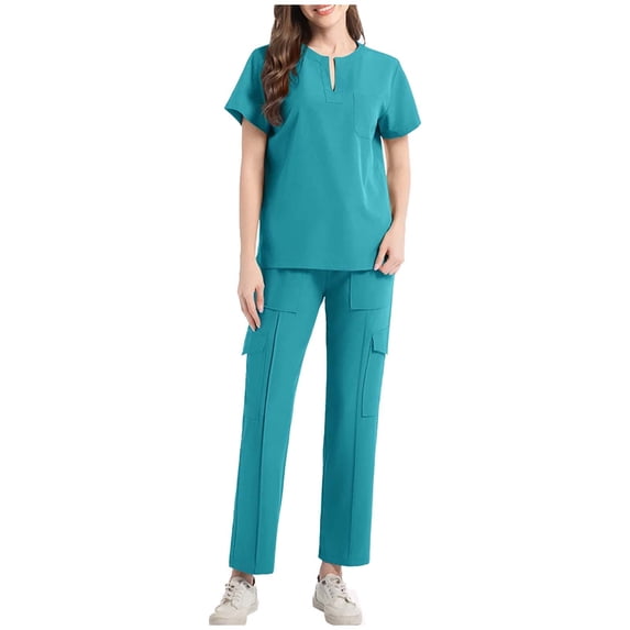 Women 2 Piece Solid Scrubs Set Loose Drawstring Pants Pocket Caregiver Short Sleeve V-Neck Blouses Nursing Uniform Set