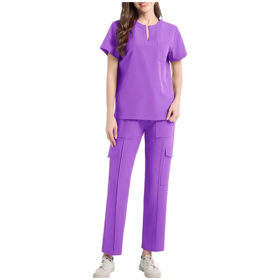 Women 2 Piece Solid Scrubs Set Loose Drawstring Pants Pocket Caregiver Short Sleeve V-Neck Blouses Nursing Uniform Set