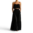 thumbnail image 1 of Women 2 Piece Solid Vacation Matching Outfit Set, Spaghetti Strap Smocked Tube Top High Waist Tiered Maxi Flowy Skirt with Pockets Summer Beach Casual Tracksuit Black L(L), 1 of 6